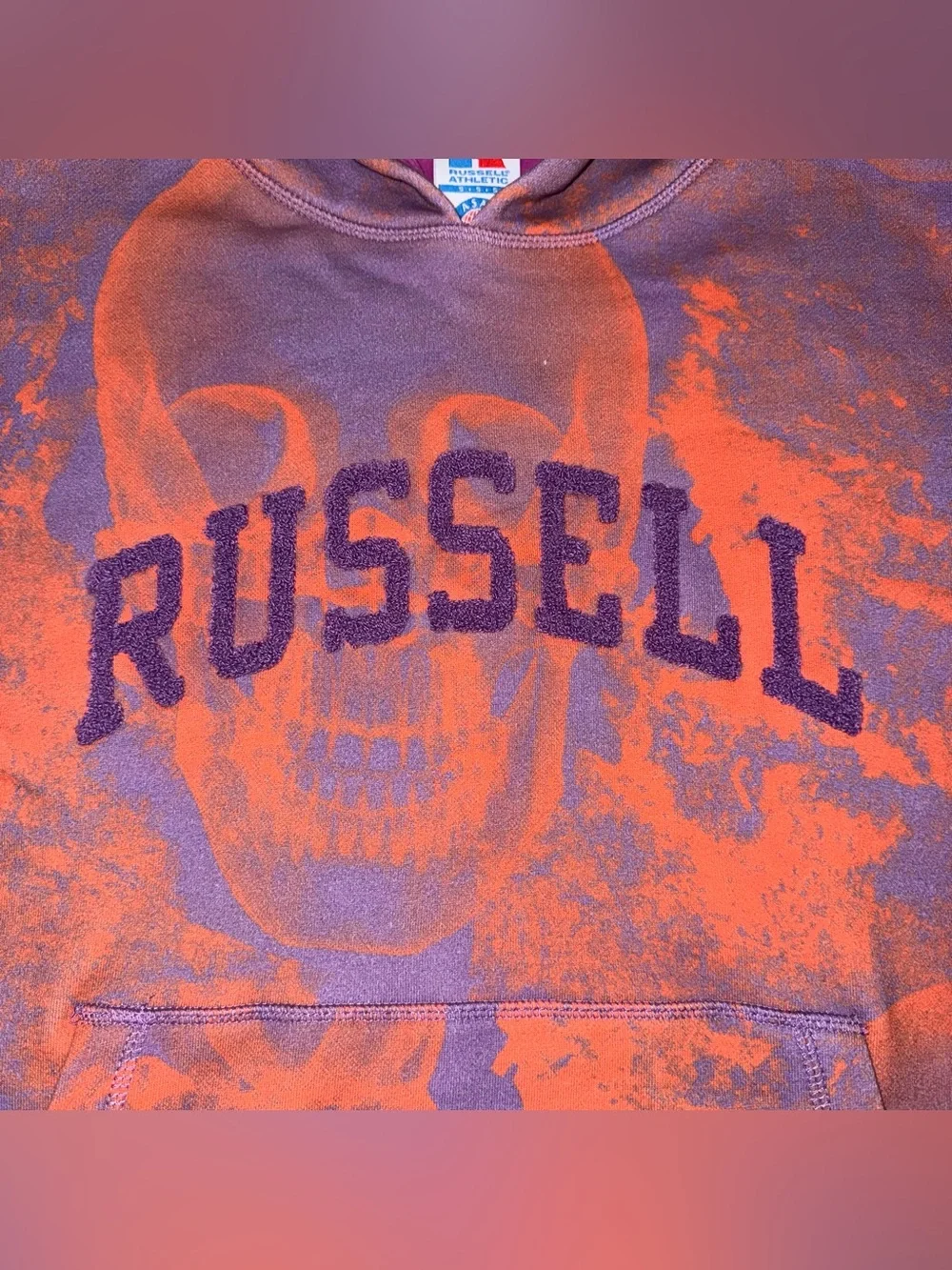 RUSSELL X ASAP Rocky Hoodie Orange Purple Skull Print Chenille Logo Sweatshirt S